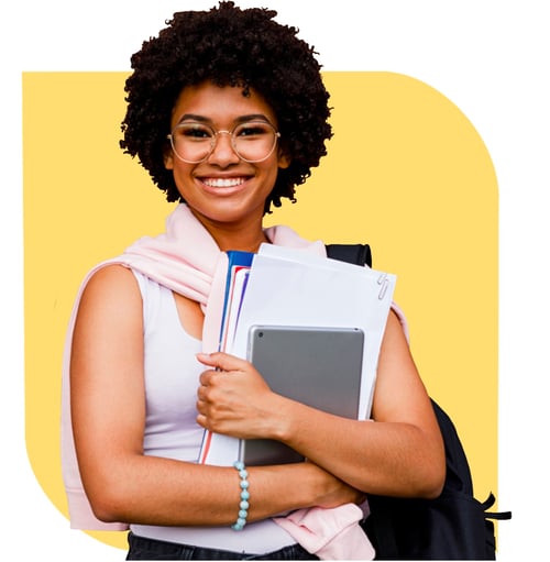 Woman holding books and tablet (yellow)